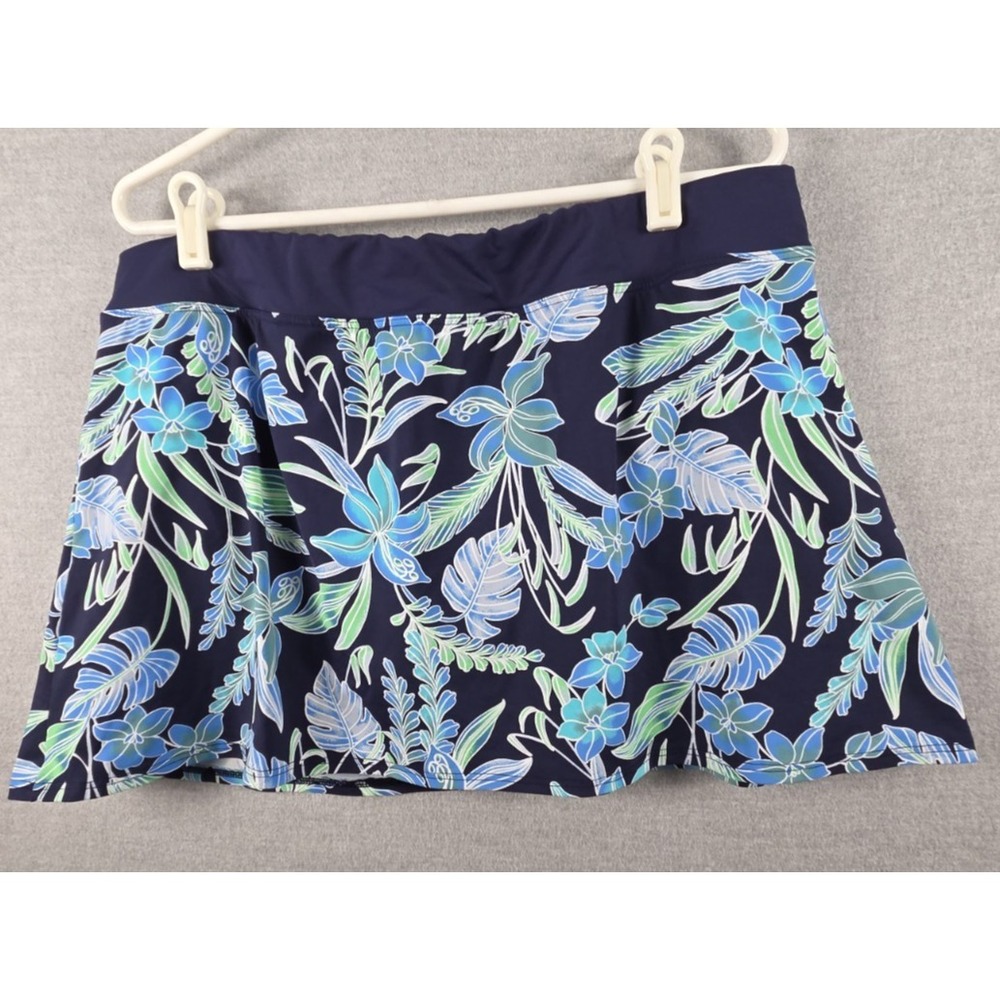 Lands End 16 Swim Bottom Swim Skirt Floral Blue Floral Palms Tummy Control Beach
